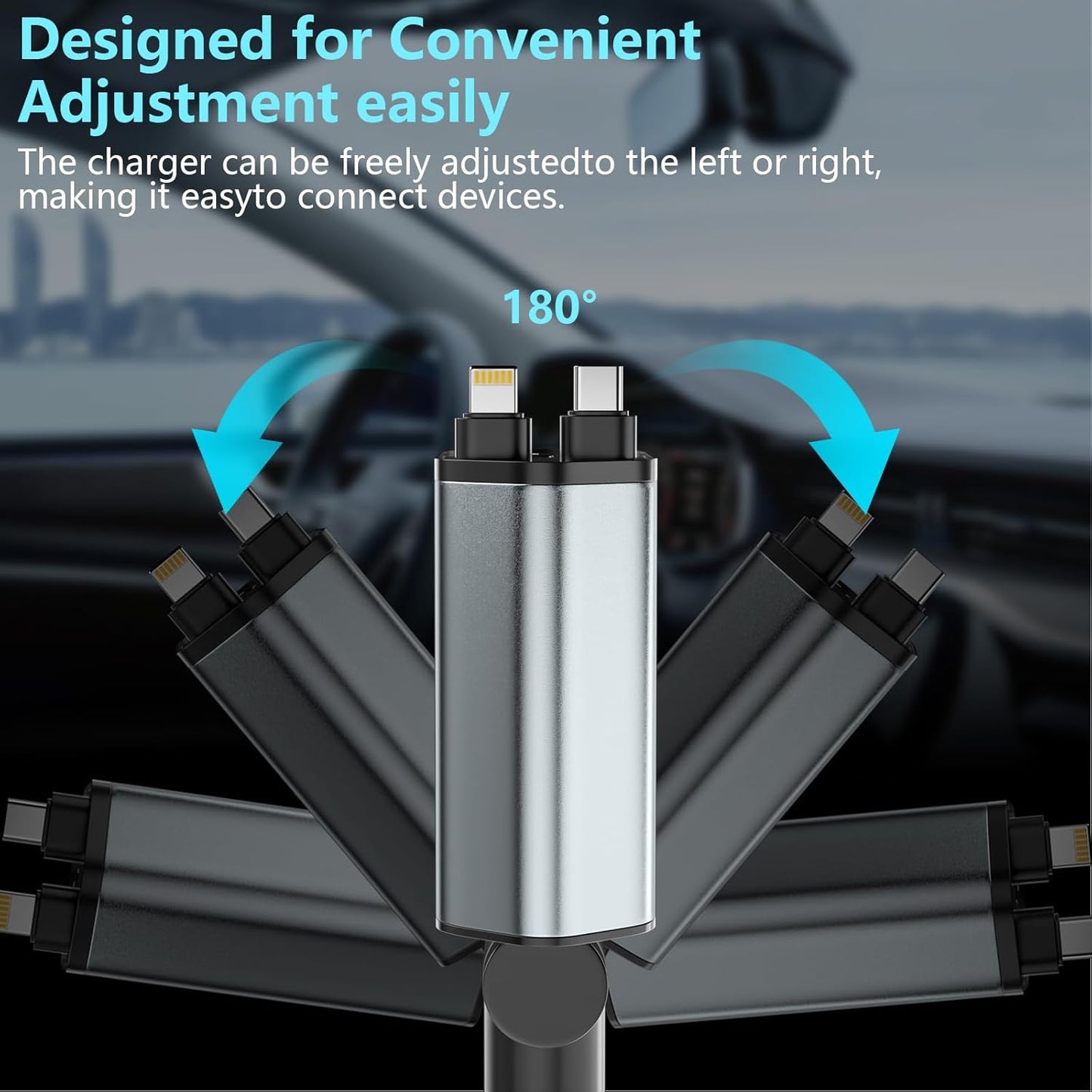 Retractable Car Charger, 120W 2.7Ft Retractable Cables and 4 Electronic Ports, Car Accessories Compatible for iOS & Android Cell Phones All Device Charging