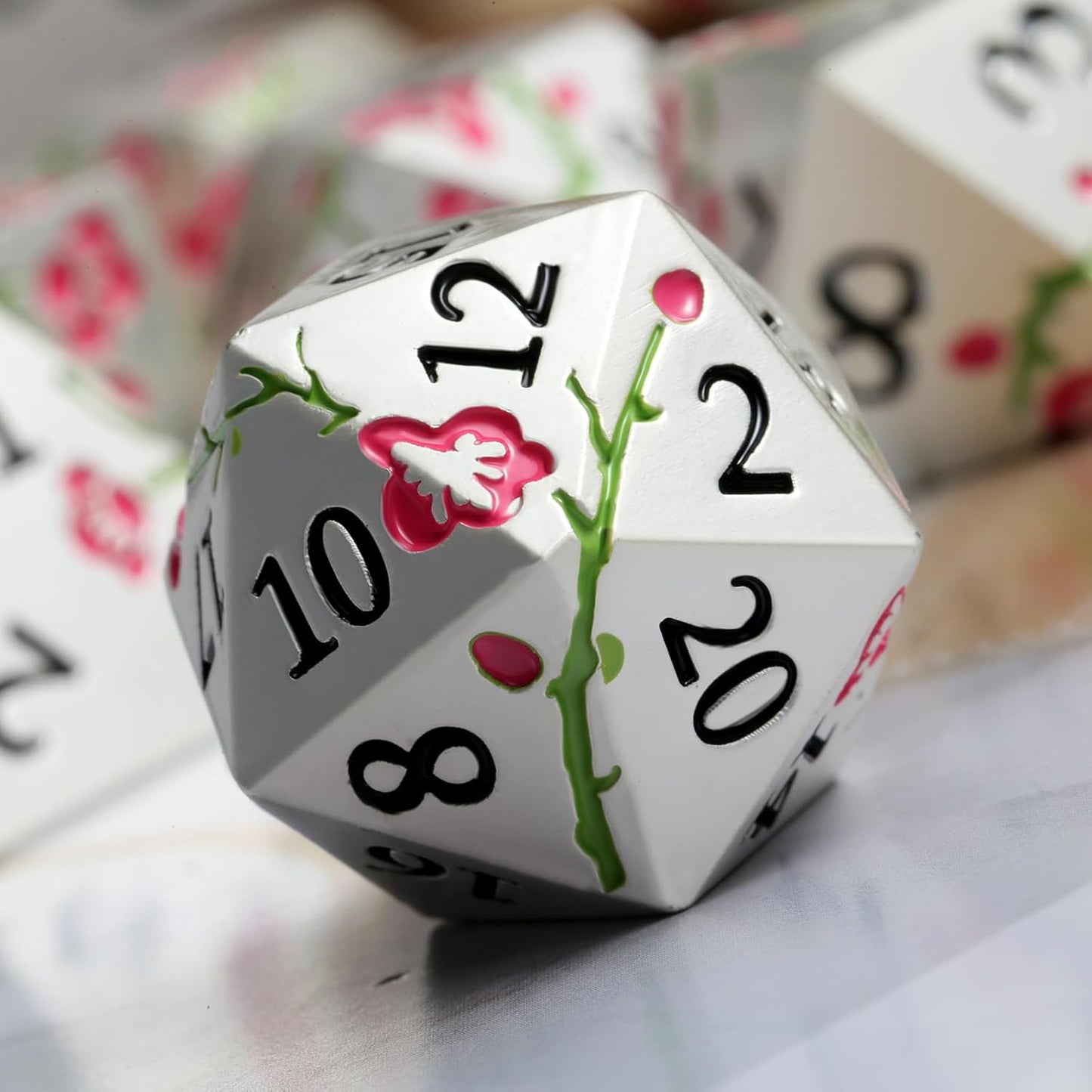 Metal Dungeons and Dragons Dice DNDND 7 PCS Heavy Metallic Flower D&D Dice Set with Gorgeous Gift Case for DND Tabletop Game (Matte Silver with Pink Flower)