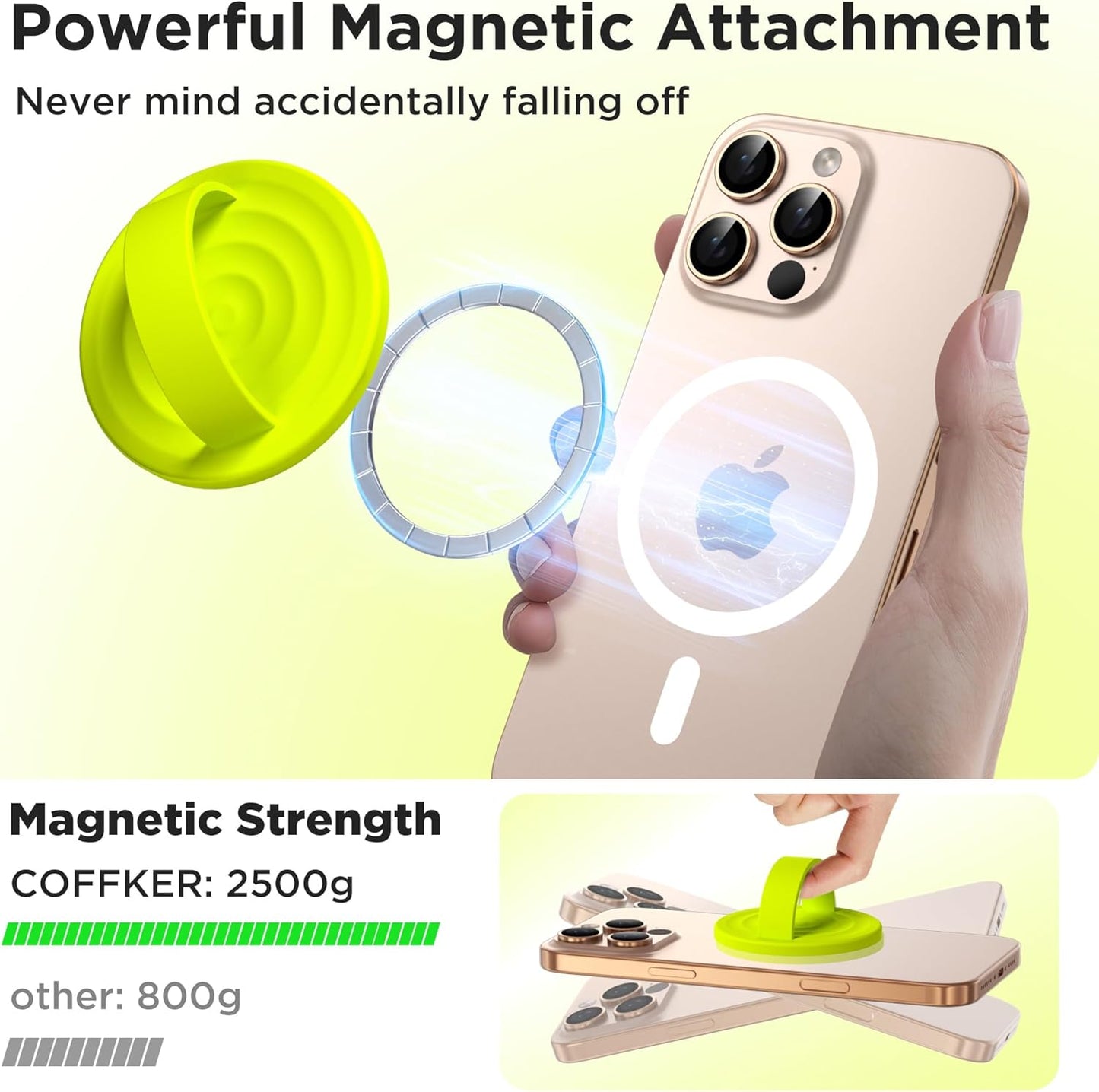 Magnetic Phone Ring Grip Holder, Silicone Finger Loop Grip, Compatible with MasSafe, Back of Phone for iPhone Pro Max/Plus/16/15/15/14/13/12 Series, Neon Yellow