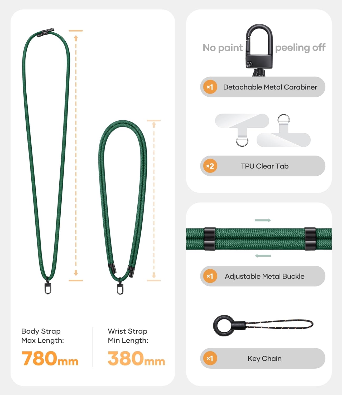 for Phone Lanyard Crossbody with 2X Clear Phone Tabs, Adjustable Anti Theft Phone Strap, Premium Metal Carabiner, Skin-Soft, Wrist Strap for iPhone Samsung Pixel Most Smartphones, Green