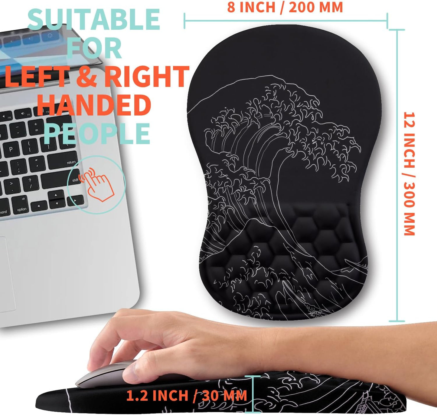 Ergonomic Mouse Pad Wrist Support with Memory Foam Massage Bulge, Carpal Tunnel Pain Relief Mousepad Wrist Rest for Mouse(12x8 inch,Sea Wave)