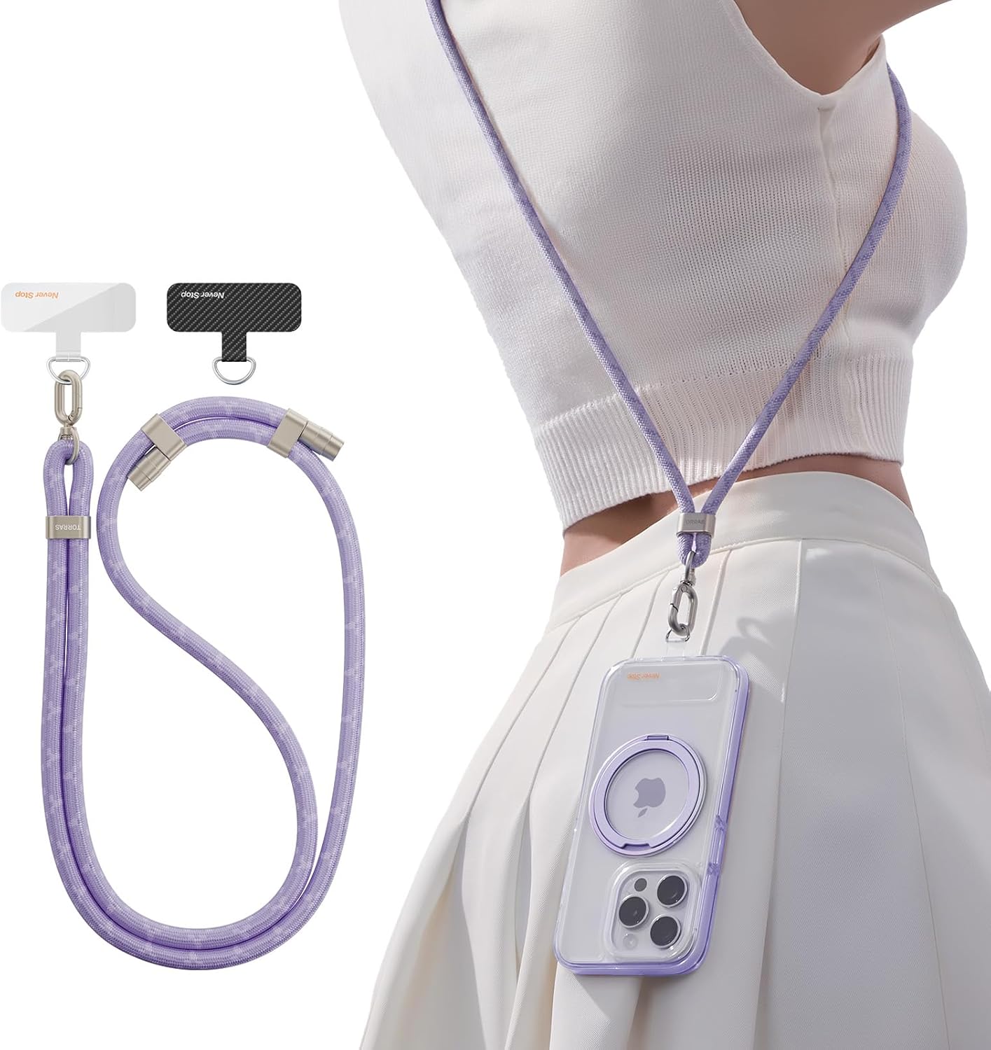 TORRAS Phone Lanyard Crossbody with 2 Phone Tabs, Adjustable Anti Theft Phone Strap for All Phones, Premium Metal Buckles, Skin-Friendly, Universal Cell Phone Neck lanyard for Women and Men, Purple