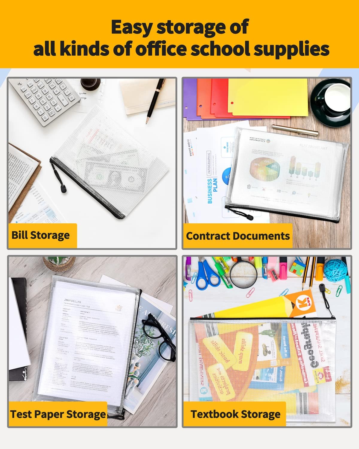 SUNEE 18pcs Plastic Mesh Zipper Pouch, A3, Extra Large, 16x11 in, Water-Resistant Zip Bag for School Office Supplies, Puzzles & Games Organizing Storage (Black, 18 Pack)