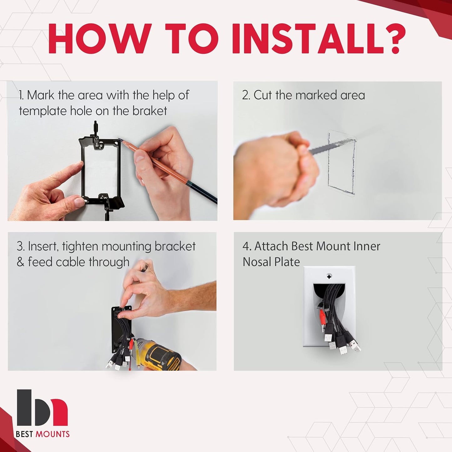 BestMounts - 3 Pack Inner Nose Behind Wall Cable Management TV Cord Hider for Wall Mounted TV - Single Gang Low Voltage Recessed Wall Plates Cable Pass Through for Wires, HDTV, HDMI (White)