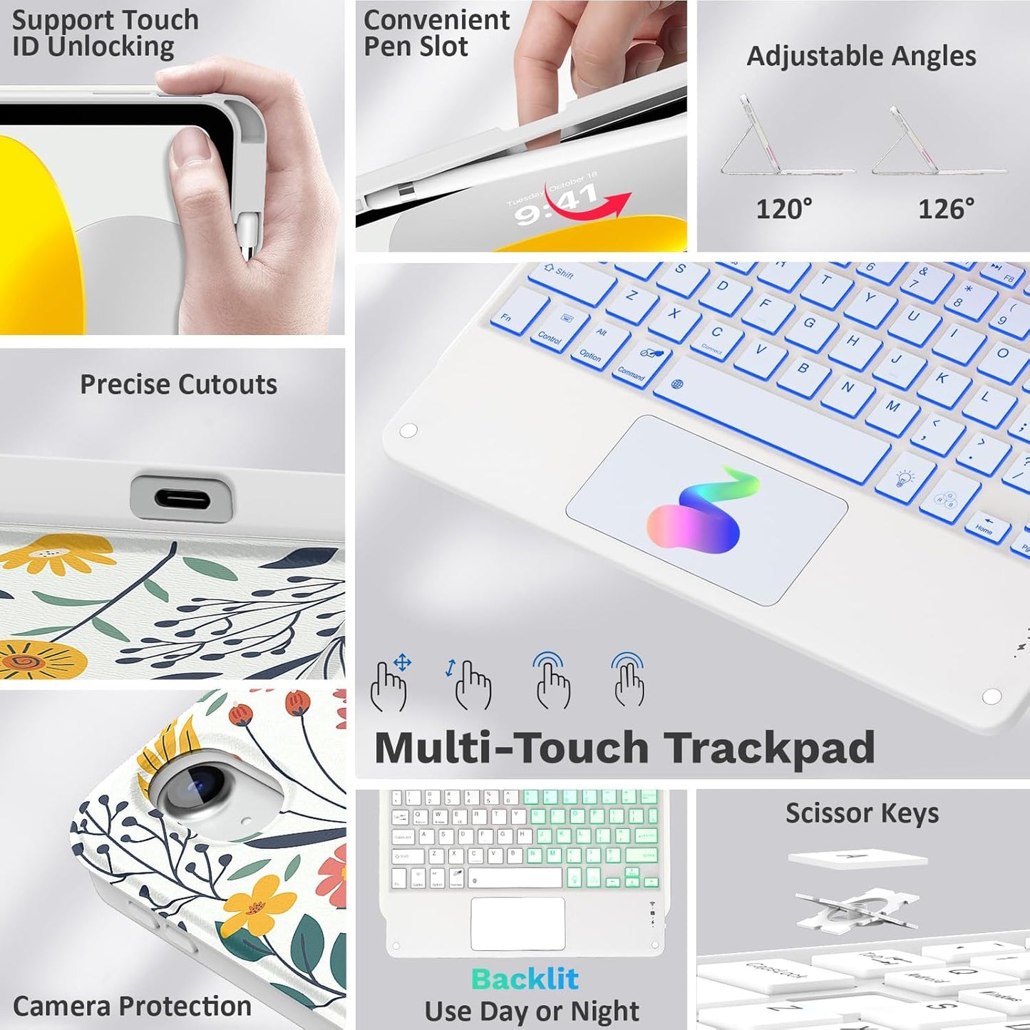 MoKo Touch Keyboard Case for iPad (A16) 11th Generation 11 inch 2025, iPad 10th Generation 10.9 inch Case with Pencil Holder, 7 Colors Backlit Multi-TrackPad Detachable Bluetooth Keyboard, Flowers