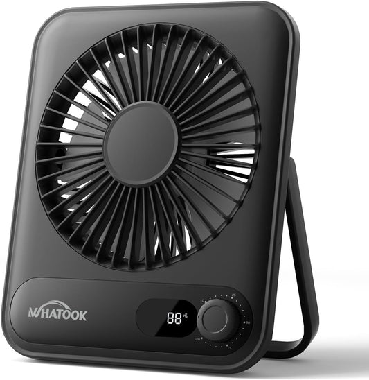 WHATOOK Small Desk Fan Personal Fans: 5000mah 25 Hours Battery Office Quiet Mini Desktop Fan Portable Rechargeable Travel Essentials (Black, 5000)