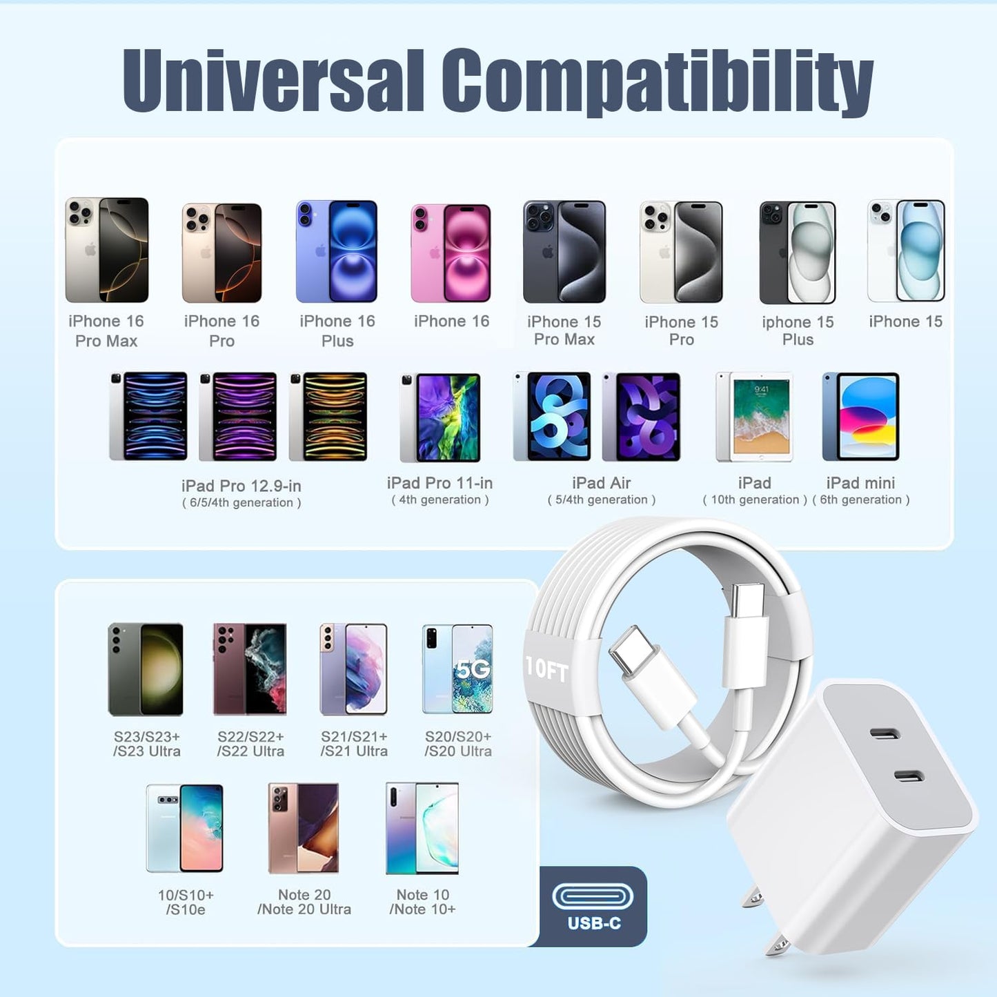 Charger for iPhone 16/15 Pro Max Charger Fast Charging, 2Pack 20W Dual Port USB C Fast Charger Block with 10FT Long USB C to C Charging Cable Cord for iPhone 15 Pro Max/15 Pro/15/15 Plus, iPad Pro/Air