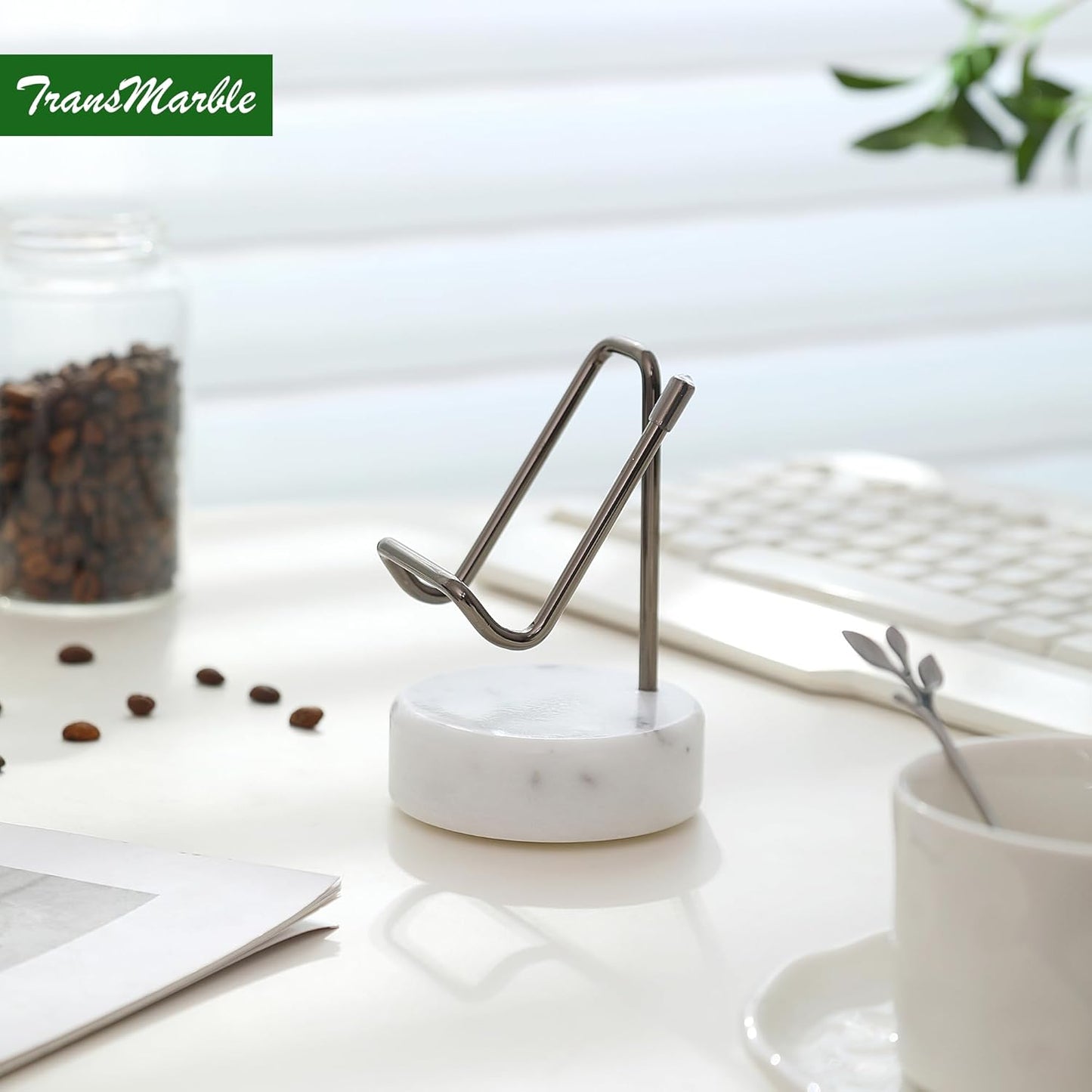 Marble Phone Stand with Metal Holder, Charging Available While Using, Swipe Up to Unlock, Made of Natural Marble as Business Card Holder for Office Desk (Starry White + Black)