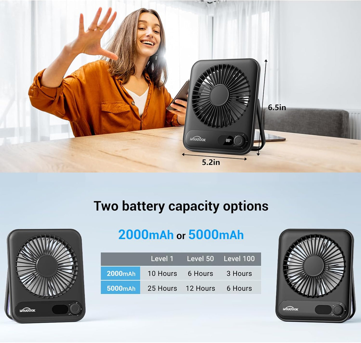 WHATOOK Small Desk Fan Personal Fans: 5000mah 25 Hours Battery Office Quiet Mini Desktop Fan Portable Rechargeable Travel Essentials (Black, 5000)