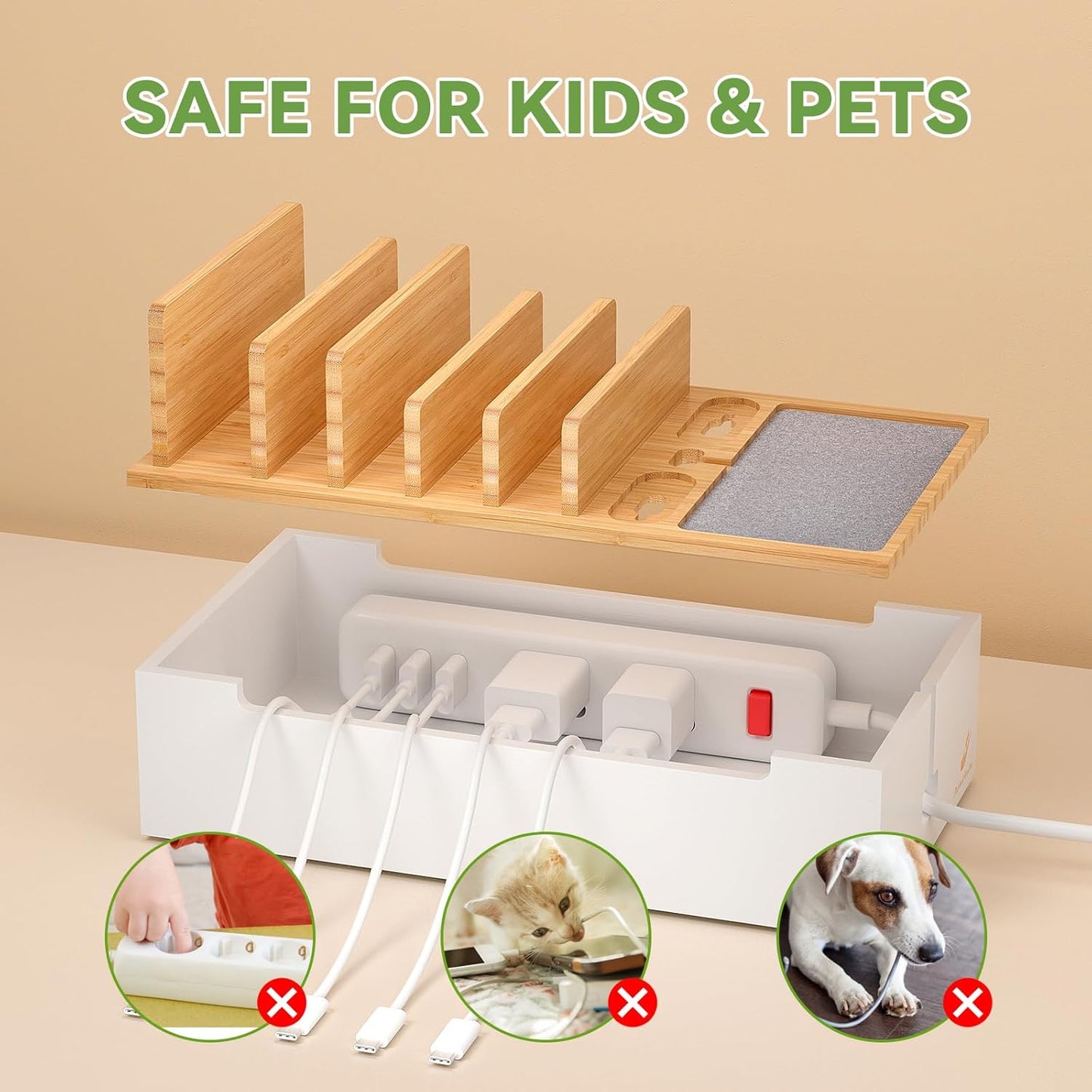 Pezin & Hulin Bamboo Cable Management Box, Wire Organizers for Cords, Charge Station Box, Desktop Dock Organizer Rack for Electronic Device (Include 6 Cables)(No Power Adapter) -Natural + White