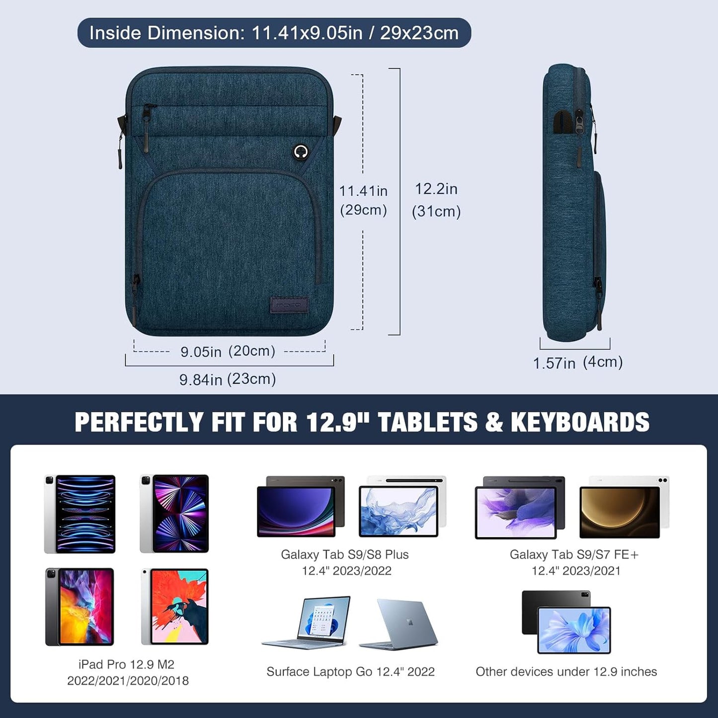 MoKo 12.9 Inch Tablet Sleeve Bag, Fits 13 Inch New iPad Pro M4 & Air M2 2024, iPad Pro 12.9 inch M2&M1, Galaxy Tab S9/S8 Plus 12.4", Multifunctional Bag with Shoulder and Headphone Port, Indigo