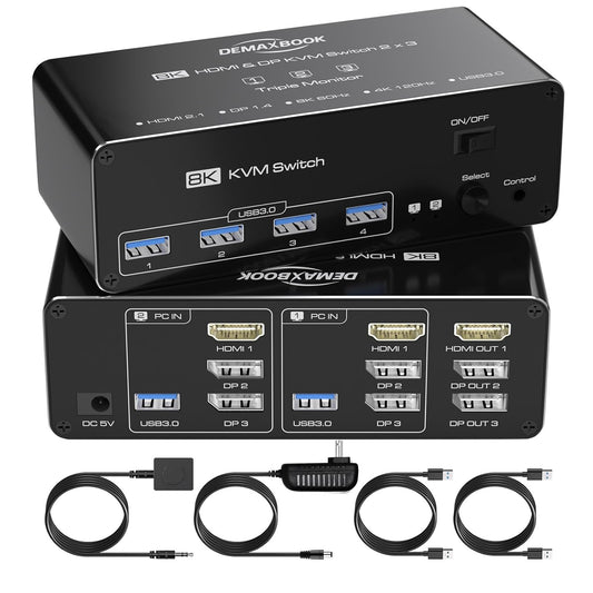 DEMEXBOOK HDMI DisplayPort KVM Switch 3 Monitors 2 Computers 8K@60Hz, 4K@144Hz,Triple Monitor KVM Switches with 4 USB 3.0 Ports, Wired Remote, USB3.0 Cables，Power Adapter Included