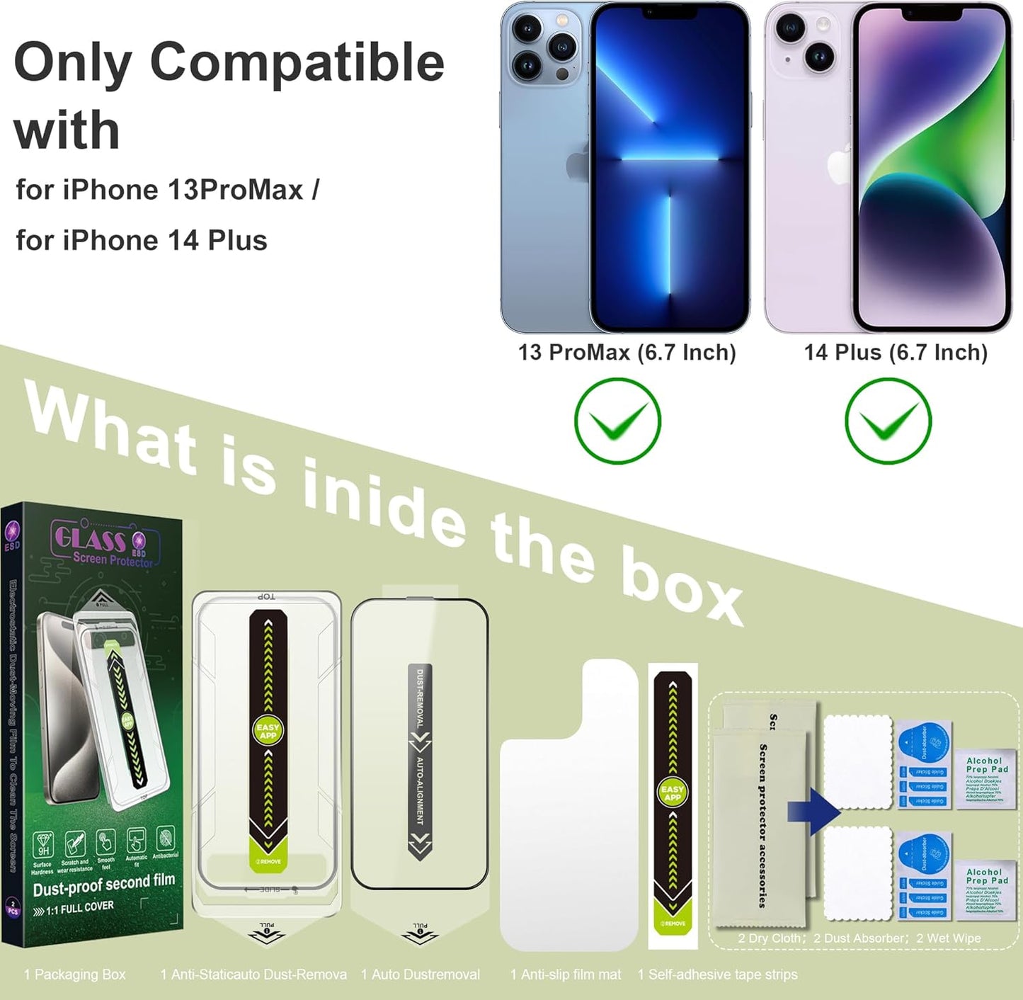 [2-Pack Ultra HD Clear Screen Protector for iPhone 13 Pro Max/14 Plus (6.7-Inch),9H Tempered Glass,Full Coverage,Anti-Fingerprint,Auto Dust Removal,Bubble-Free,Easy Installation