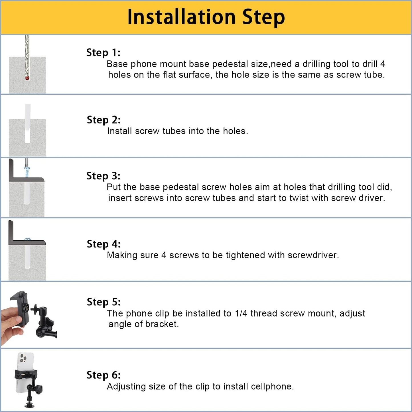 Drill Base Truck Phone Stand for 3.5~7.5 inches iPhone/HTC/LG/Nexus/Huawei/Smart Phones, Fit for Truck, Car,Van, Vehicles, 360°Adjustable Aluminum Alloy Mount