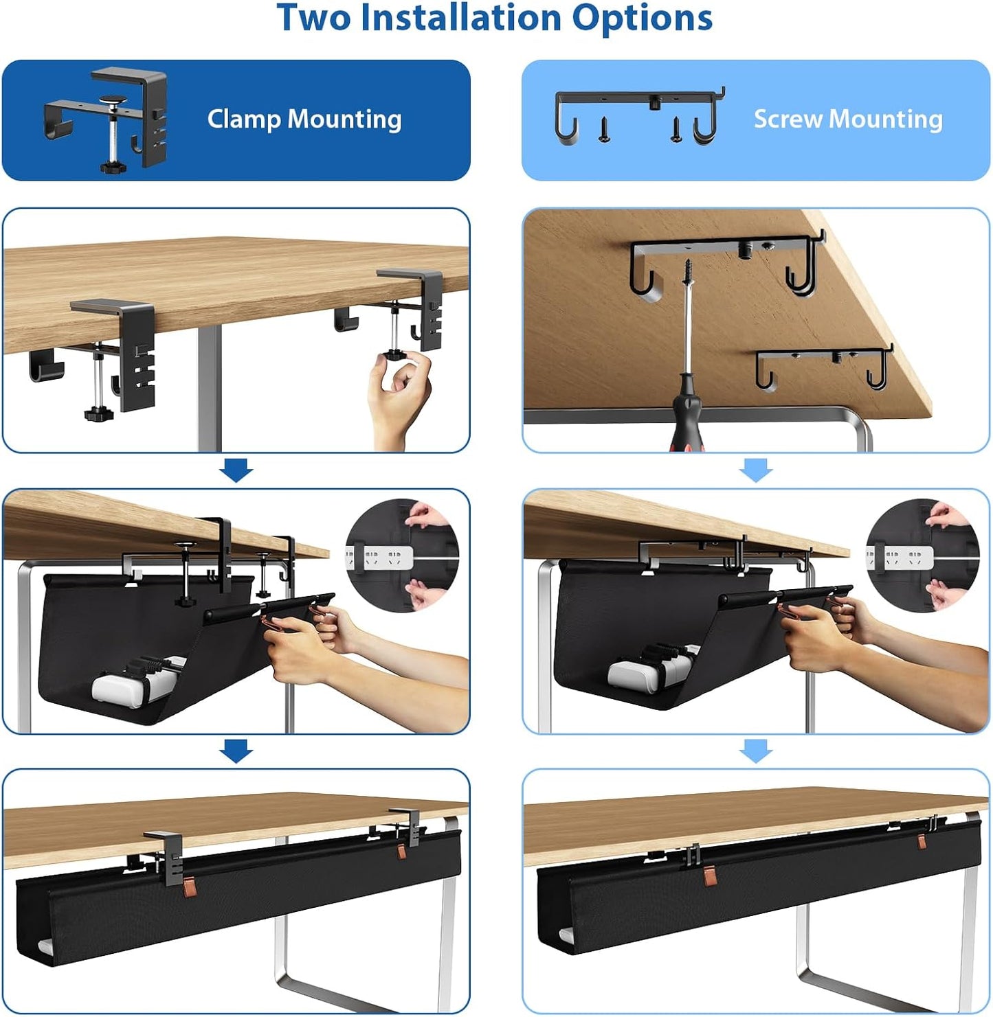 Zilink No Dril Under Desk Cable Management Tray 40" Cord Organizer for Table Clamp/Screw Mount Premium Fabric Cable Management Tray for Home Office Gaming Desk