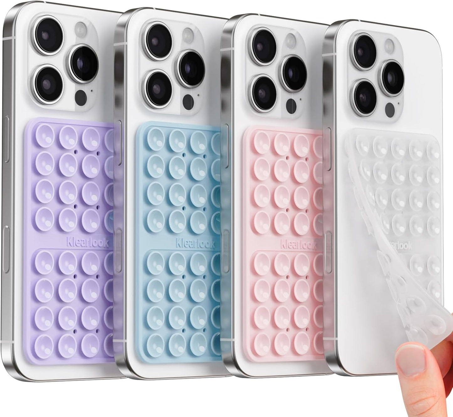 Klearlook 4Pack Silicone Suction Cup Phone Case Mount Double Sided, Sticky Phone Grip for Cell Phone, Hands-Free Phone Accessories for Selfies and Videos, Clear & Light Pink & Light Blue & Lavender