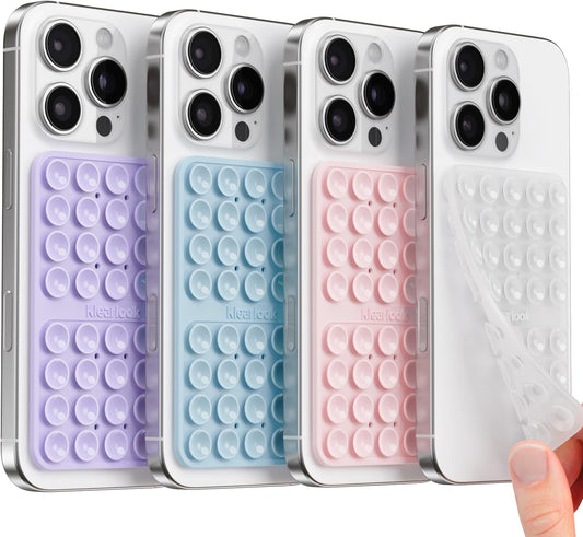 Klearlook 4Pack Silicone Suction Cup Phone Case Mount Double Sided, Sticky Phone Grip for Cell Phone, Hands-Free Phone Accessories for Selfies and Videos, Clear & Light Pink & Light Blue & Lavender