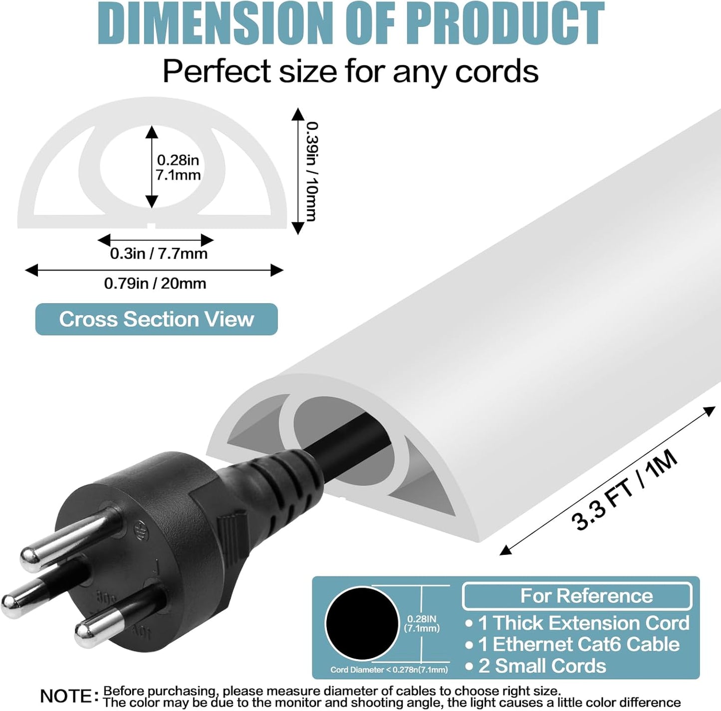 Floor Cord Cover Self Adhesive Cord Hider,3.3FT Cable Management, Extension Strip Protector for Wires, Prevent Cable Trips for Offices, Gyms, Exhibitions Cavity:0.3"(W) x 0.28"(H) White