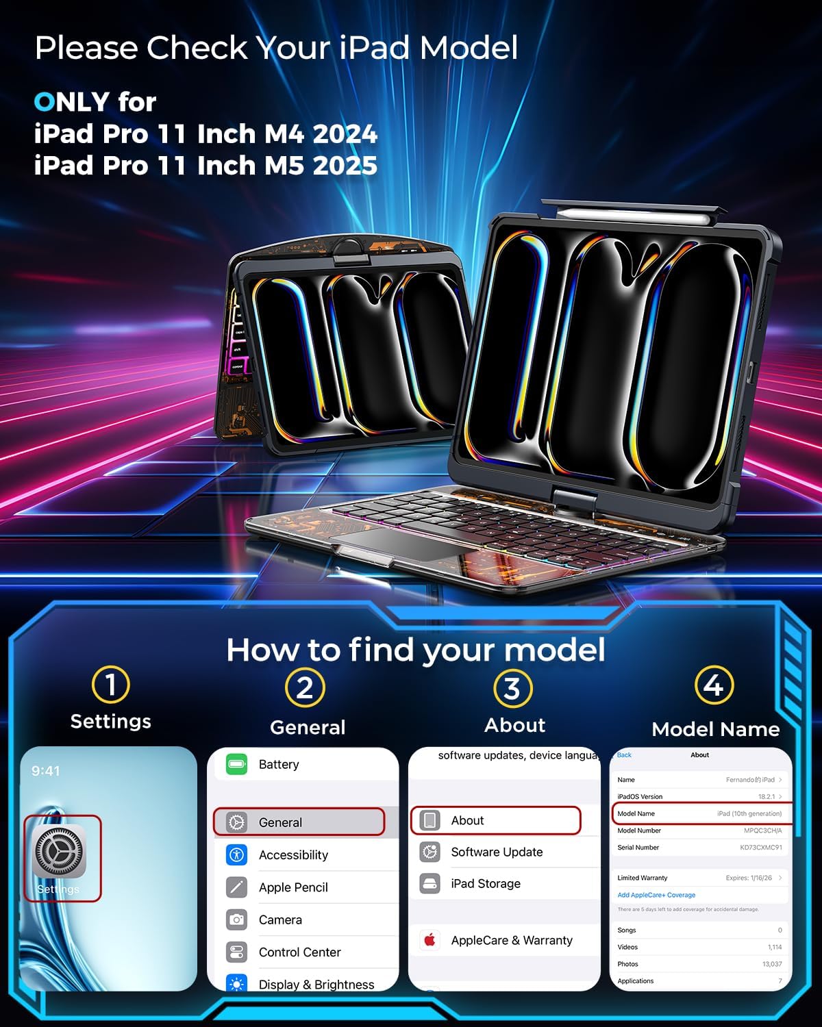 SIBEITU Keyboard Case for iPad Pro 11 Inch M5 2025 /M4 2024, Clear Wireless 360 Rotatable iPad Pro11 Cover, Multi-Touch Trackpad & Visible PCB High-Tech Design, 7-Color Backlight & 3-Brightness, Black