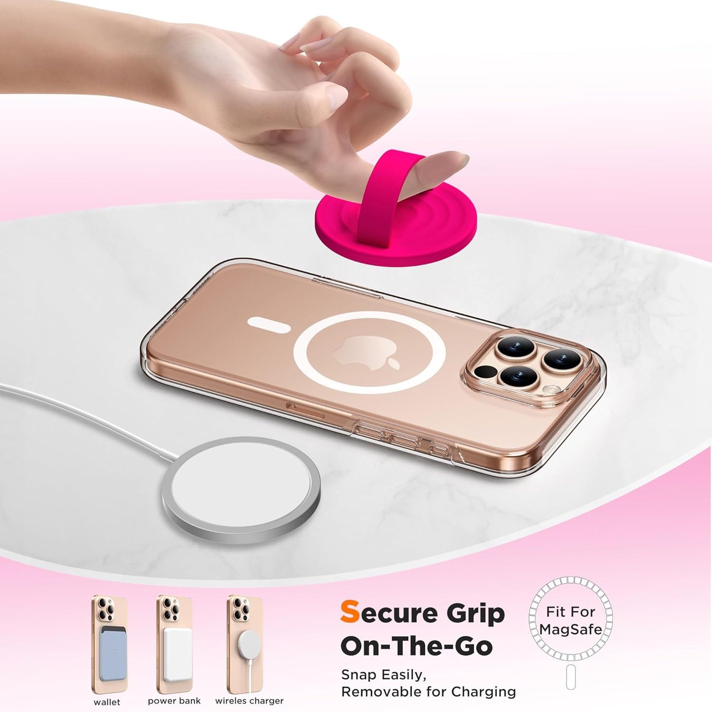Magnetic Phone Ring Grip Holder, Silicone Finger Loop Grip, Compatible with MasSafe, Back of Phone for iPhone Pro Max/Plus/16/15/15/14/13/12 Series, Neon Pink
