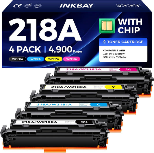218A Toner Cartridge Set 4-Pack with Chip Replacement for HP 218A 218X Compatible with Color Laserjet Pro 3201dw MFP 3301cdw 3301fdw 3301sdw Printer Ink Black Cyan Yellow Magenta W2180A W2181A W2182A
