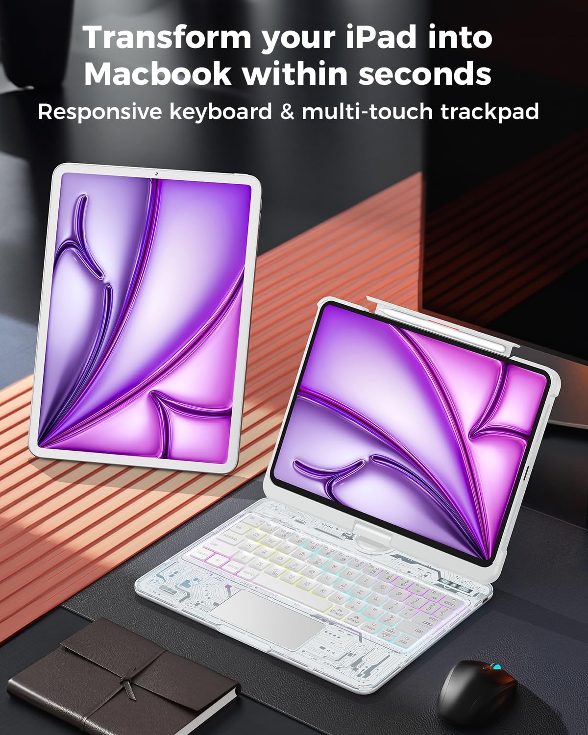 SIEBITU Clear Wireless Keyboard Case for iPad Air 13-inch (M3 2025/M2 2024) & iPad Pro 12.9-inch 6th 5th 4th 3rd Gen with Pencil Holder, Multi-Touch Trackpad & 7-Color Backlit, 360°Rotating, White