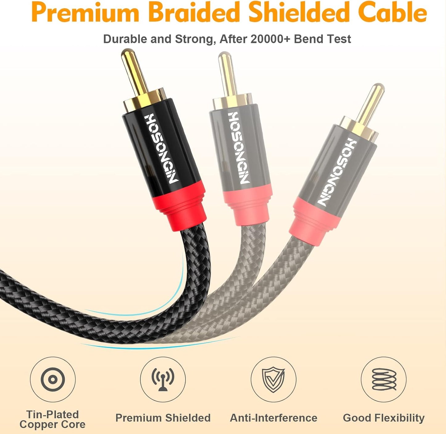 HOSONGIN RCA Cables 25ft 2 Pack[Hi-Fi Sound, Nylon Braided, Shielded], 2-Male to 2-Male RCA Audio Stereo Subwoofer Cable Auxiliary Cord for Home Theater, HDTV, Amplifiers, Hi-Fi Systems, Speakers