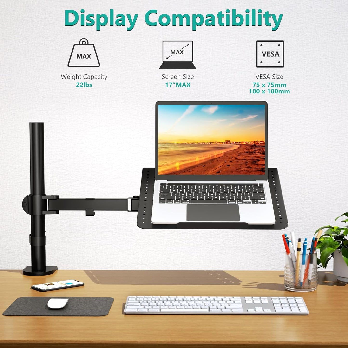 WALI Laptop Tray Desk Mount for 17inch Notebook, Fully Adjustable Laptop Arm up to 22lbs, Monitor Mount with Vented Cooling Platform Stand (M00LP), Black