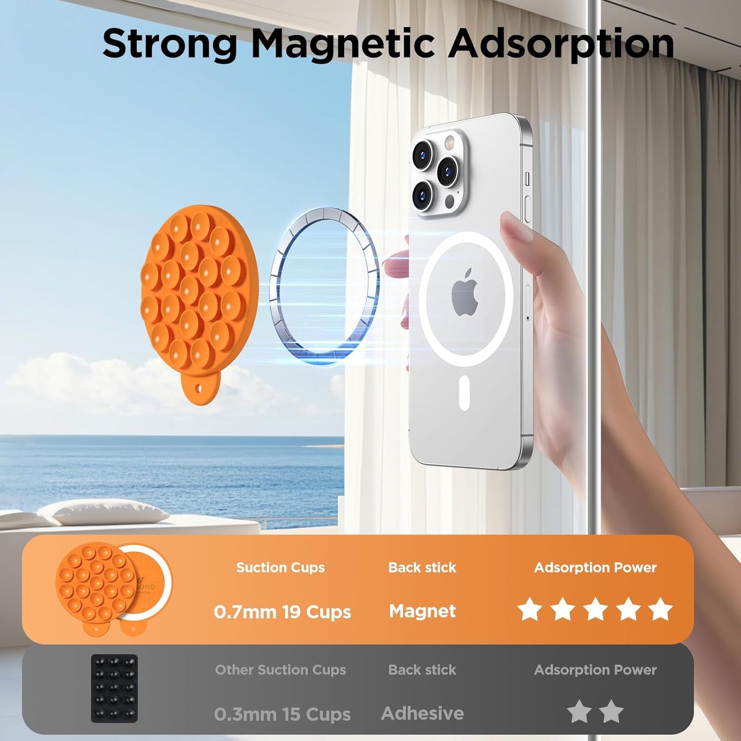 Magnetic Suction Cup Phone Mount for MagSafe Case, Silicone Hands-Free Grip Holder for iPhone and Android, Mirror Shower Phone Stand for Makeup FaceTime Gym Kitchen Bathroom, Orange