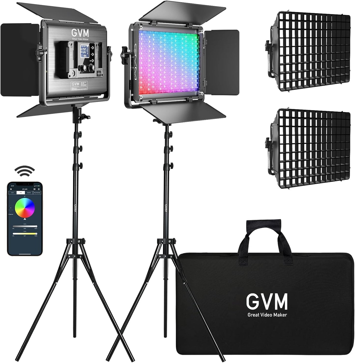 GVM 1300D RGB Video Light with Softbox, 65W LED Video Lighting Kit, 25000lux/0.5m, 360° Full Color Photography Lighting Kit, 2 Packs Led Panel Light for YouTube, Web Conference, Streaming