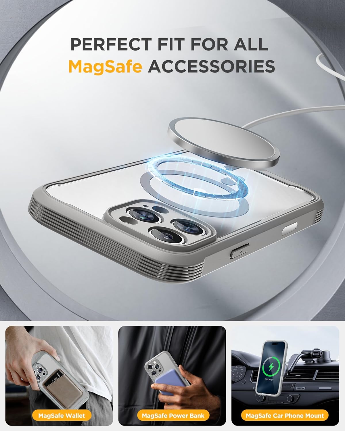 Miracase for iPhone 16 Pro Case Full-Body Phone with Built-in Glass Screen Protector, [Compatible with MagSafe] Military Drop Proof 16 Pro Cover Bumper 6.3 inch, Grey