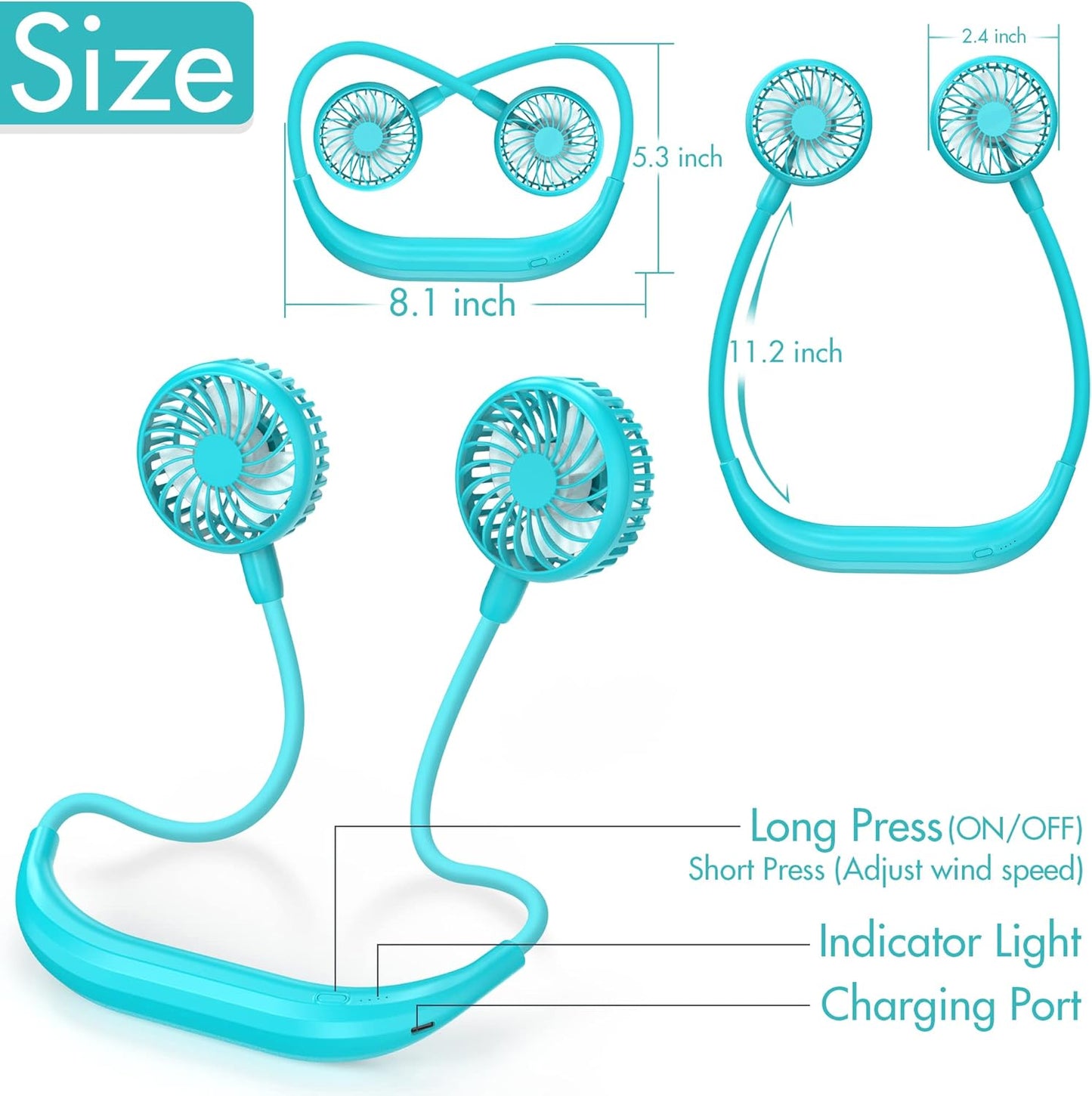 Portable Neck Fan, 2600mAh Battery Operated, Ultra Quiet Hands Free USB Fan with 3 Speeds, Strong Wind, 360° Adjustable High Flexibility Wearable Personal Fan for Sport Office Outdoor Travel (Cyan)