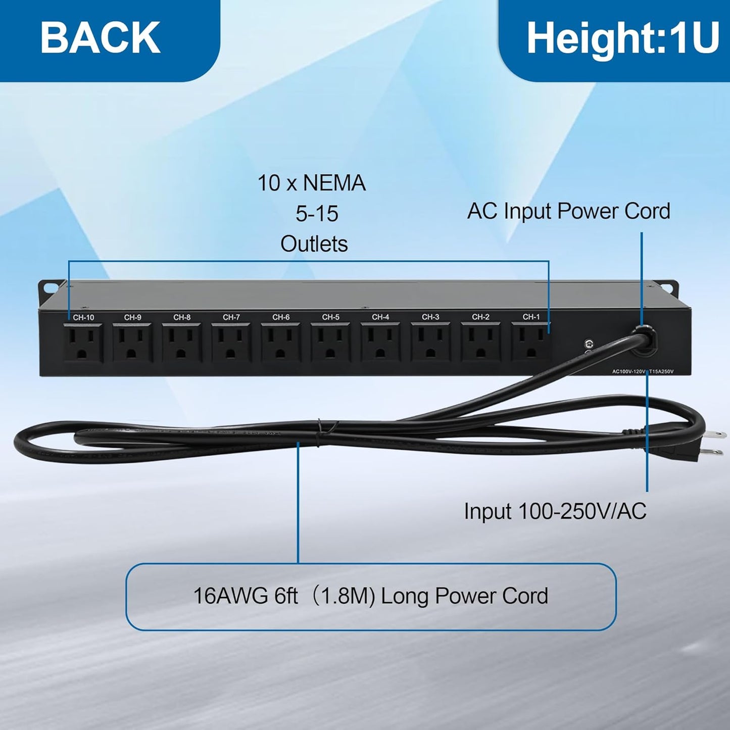 10-Outlet 1U Rack Mount Power Strip - Surge Protector, Features 10 Front Switches with LED Light - Ideal, w/ 6 ft Cord for Network Server Racks and Cabinets, by ThePoEstore
