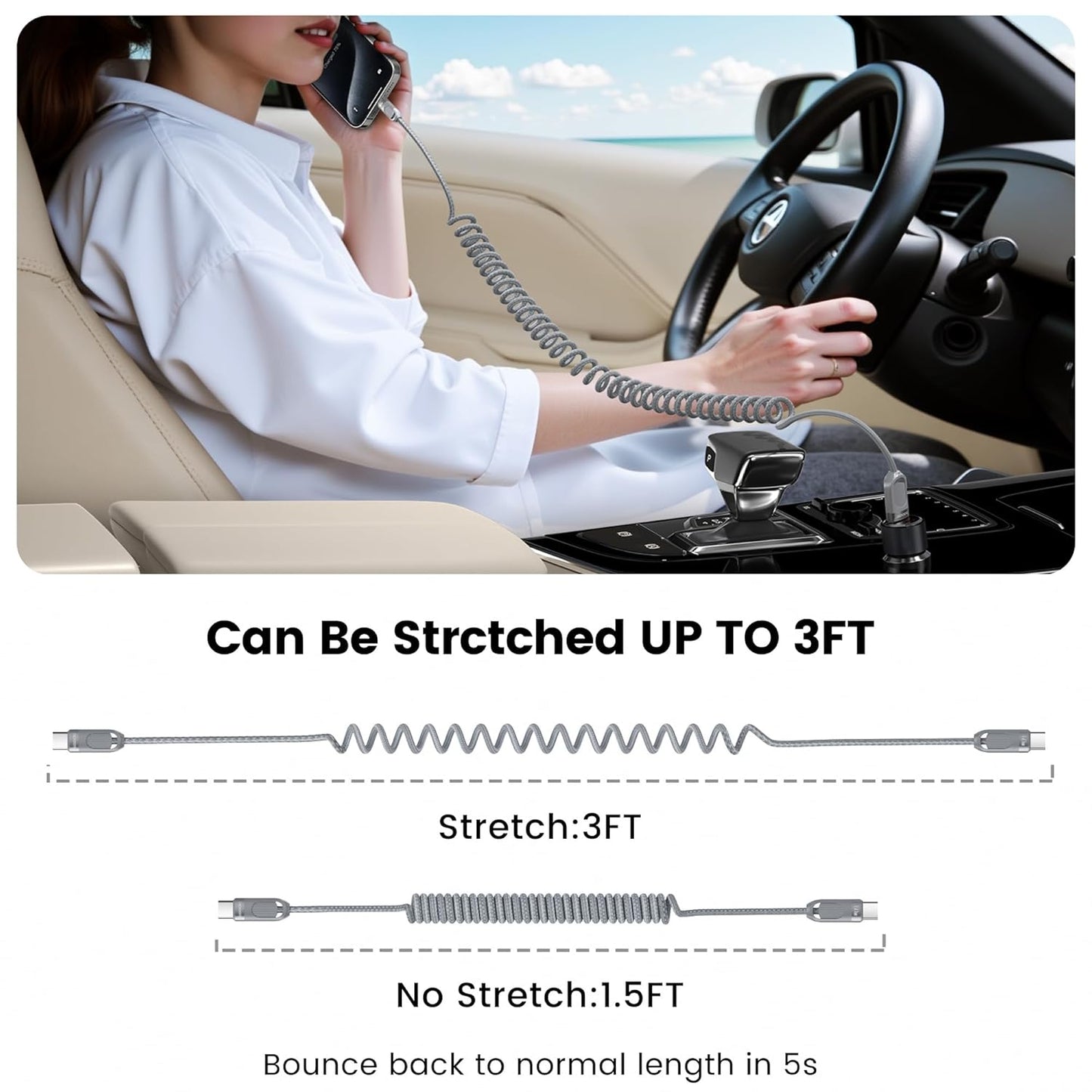 Coiled USB C to USB C Cable 2Pack 3FT Braided Retractable Fast Charging Cable for Car, Compatible with iPhone 16/15 Pro Max/Galaxy S24/S23/S22, Supports Car Play & Android Auto-Grey