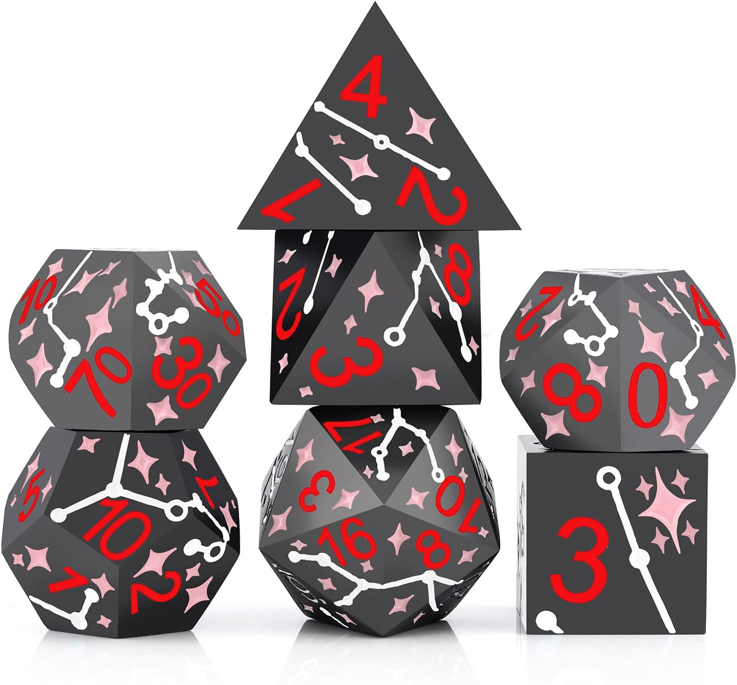 PJOY Metal Dice Set D&D Star Dice Set DND Polyhedral Dice for RPG Role Playing Games Dungeons and Dragons TTRPG Black Red Pink Dice