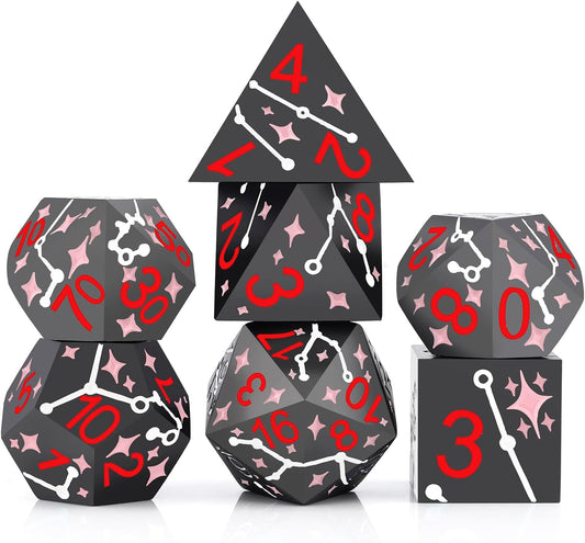 PJOY Metal Dice Set D&D Star Dice Set DND Polyhedral Dice for RPG Role Playing Games Dungeons and Dragons TTRPG Black Red Pink Dice