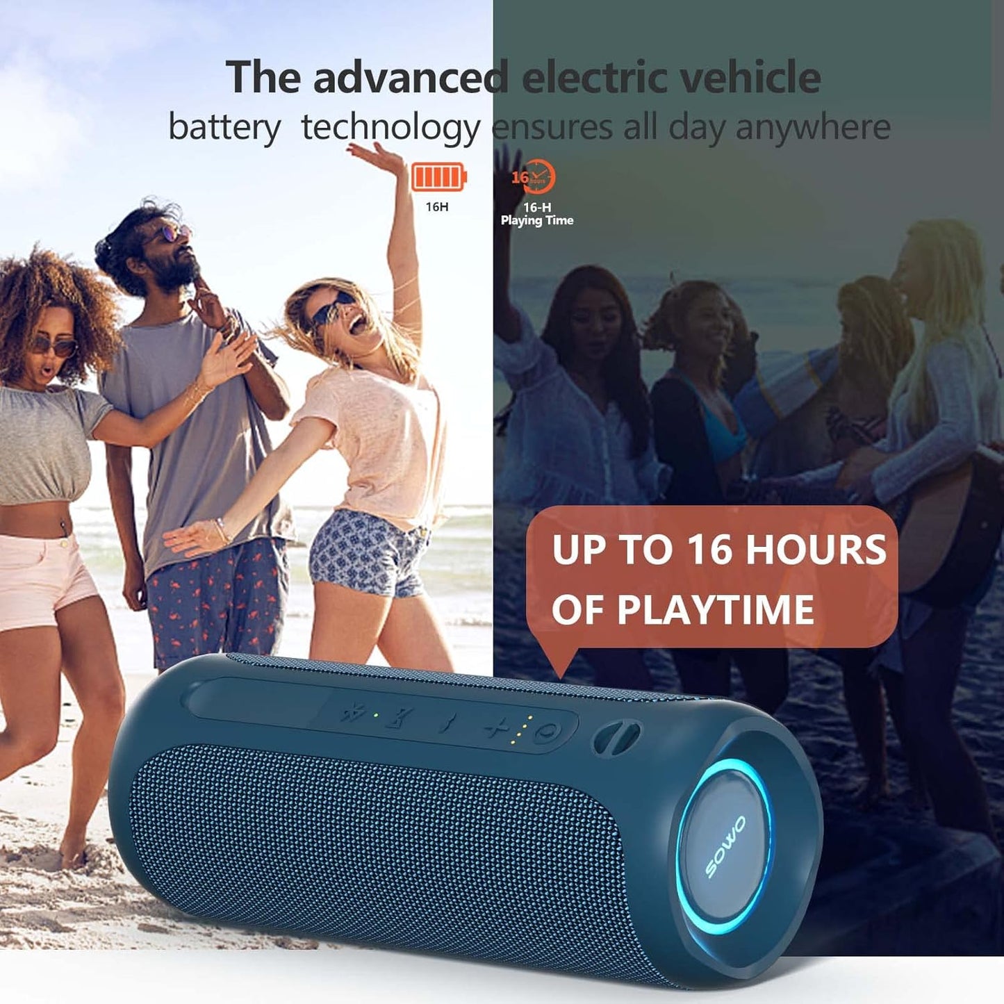 SOWO Portable Bluetooth Speaker, IPX7 Waterproof Wireless Bluetooth Speaker, Bassboom Technology, 25W Loud Stereo Sound, LED Light with TWS Pairing, 16H Playtime for Home and Outdoor -Blue