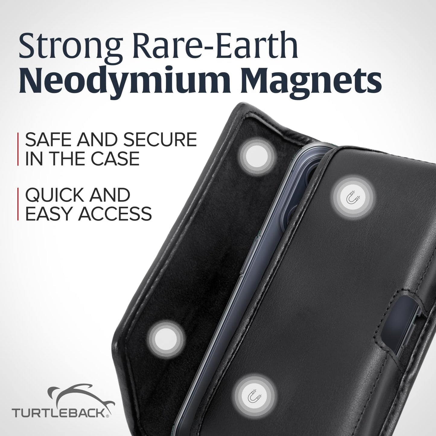 Turtleback Belt Holder for iPhone 16 Pro, 16e, 15 pro 14 Pro 13 Pro -Small- Fits w/Slim MagSafe Style Cases, Premium Black Leather Horiz. Belt Holster, Magnetic Closure, Leather Wrapped Belt Clip