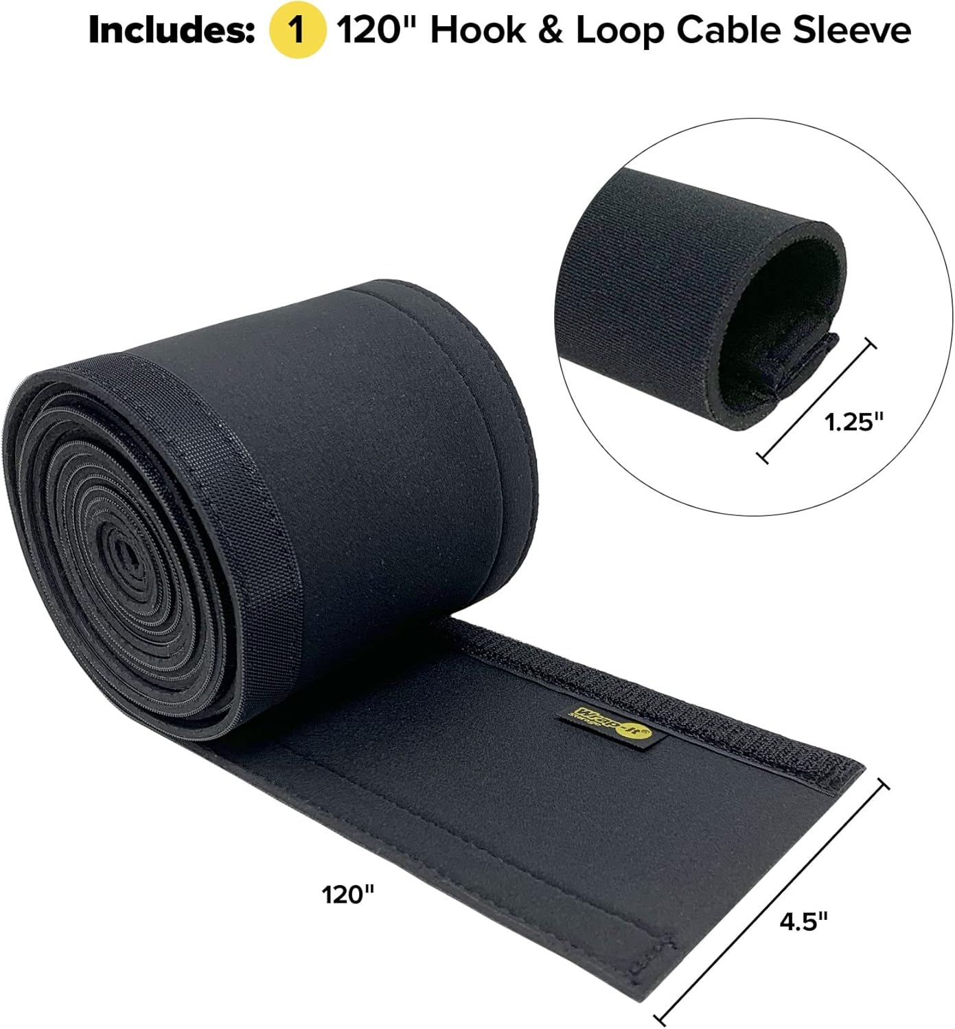 Hook and Loop Cable Sleeve by Wrap-It Storage - 120" x 4.5" Black - Cut to Size Cord Organizer and Cable Protector for Desk, TV Cord Management to Hide and Cover Wire and Extension Cords