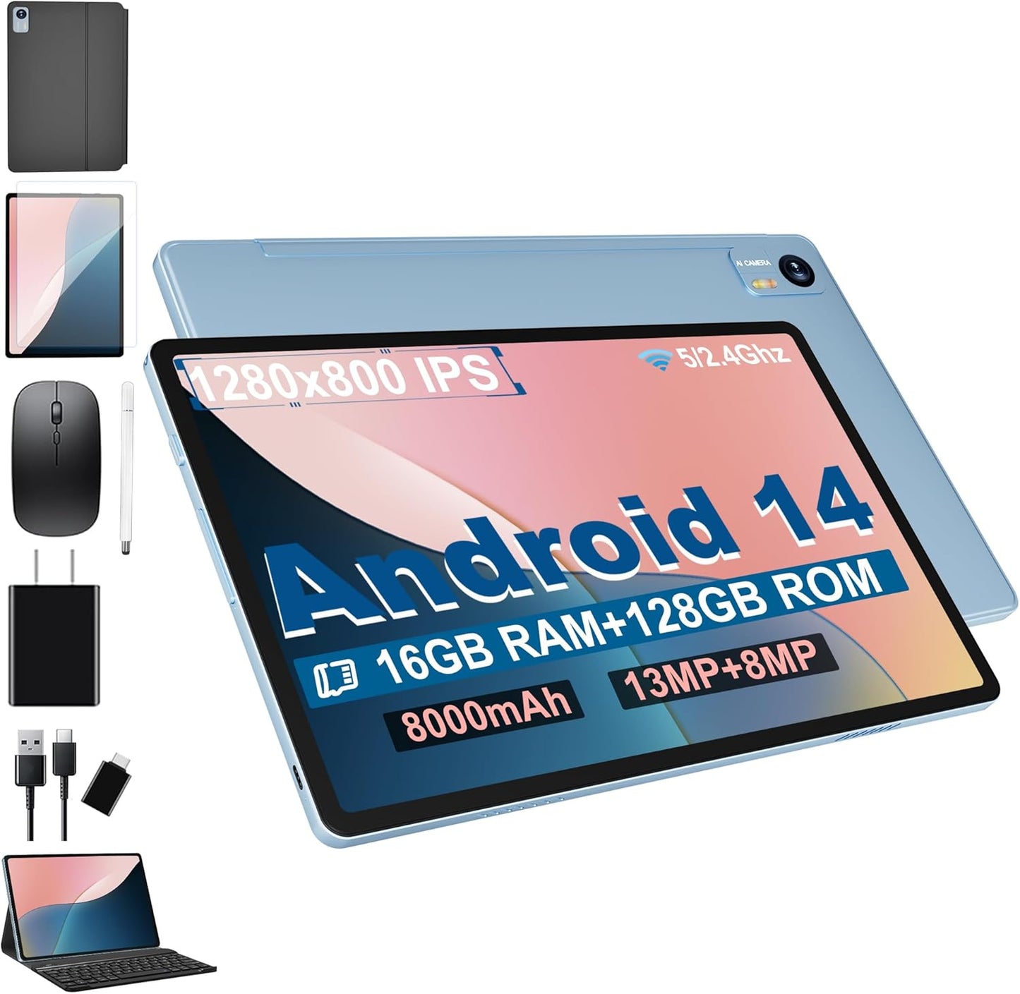 Android 14 Tablet with Keyboard，16GB RAM 128GB ROM 1TB Expand, 8000mAh Battery, 10.1 inch Tablet with 13MP+8MP Camera/Bluetooth/GPS/WiFi/HD Display (Light Blue)