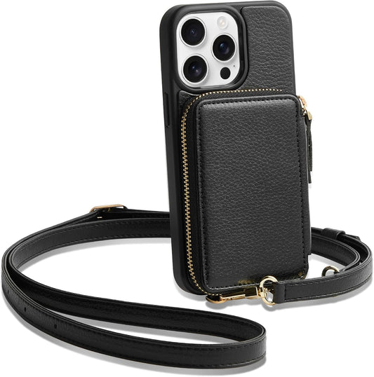 ZVE for iPhone 15 Pro Wallet Case, Crossbody Phone Purse with Card Holder for Women, Zipper Leather RFID Blocking Carrying Cover with Wrist Strap for iPhone 15 Pro 6.1 inch- Black