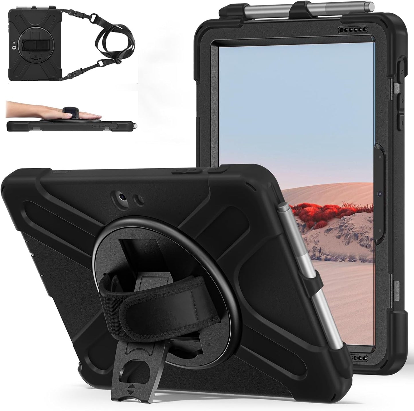 ZenRich Rugged Case for Surface Go 4 (2023)/Surface Go 3 (2021)/ Surface Go 2 (2020), Surface Go (2018) with Pen Holder Heavy Duty Shockproof Case with Stand Hand Strap and Shoulder Belt-Black