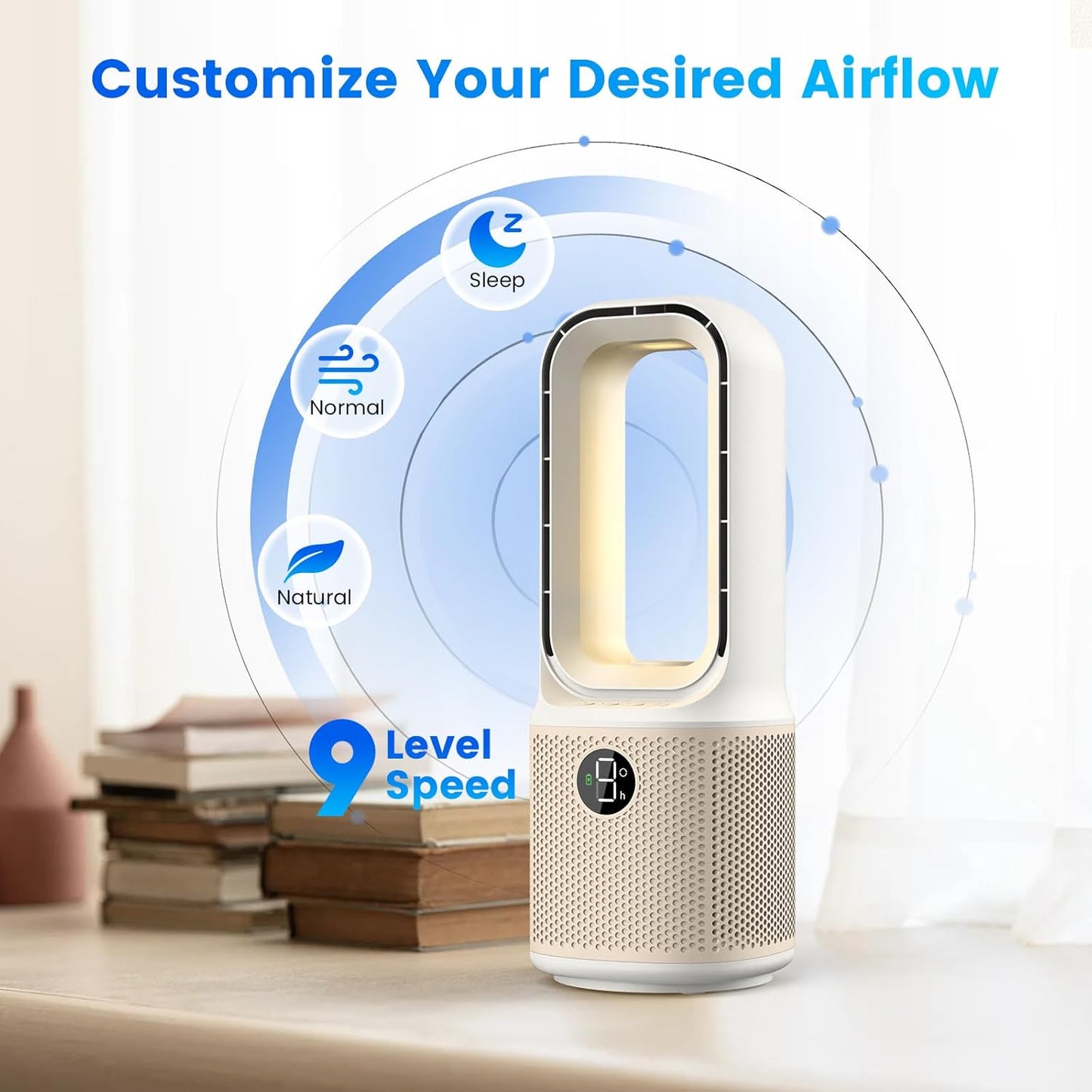 Misby Desk Fans Small Quiet, 13 Inch Bladeless Table Fan, 9 Speeds for Powerful Airflow, 70° Oscillating Fan with Night Light and Timer, Desktop Cooling Fan for Bedroom, Office, Nightstand