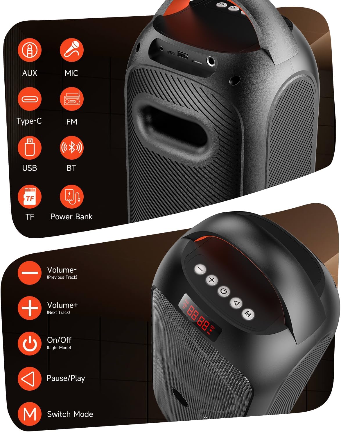 Portable Bluetooth Speakers with 120dB Loud Sound|Beat-Driven Light Show, 5 RGB Modes, Bluetooth 5.3, USB/TF/AUX/FM/Mic Input/TWS | Portable for Party, Camping, Tailgating, Backyard, Indoor Gatherings