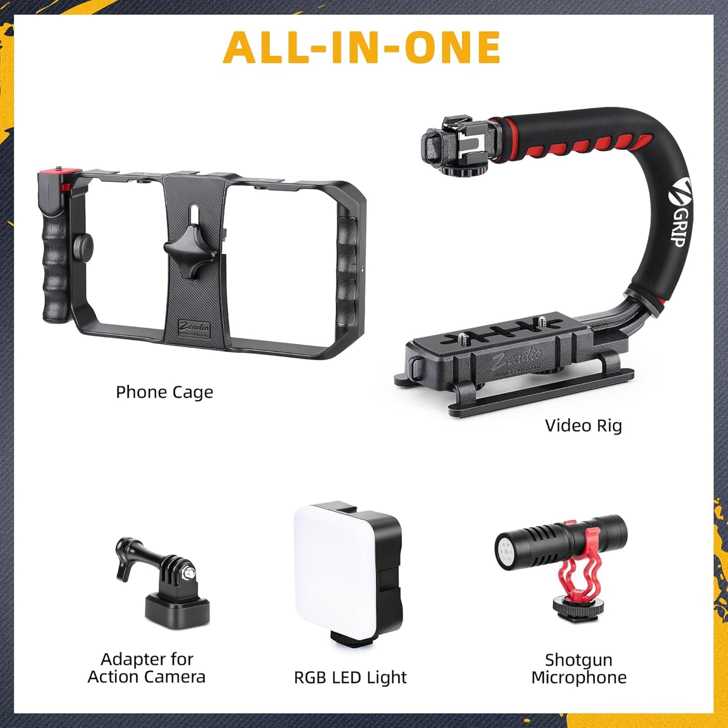 Zeadio Smartphone Camera Stabilizer Kit, Portable Handle Grip Handheld Video Rig with RGB Video Light and Microphone, Fits for All Camcorder, Camera, DSLR and All iPhone and Android Smartphones