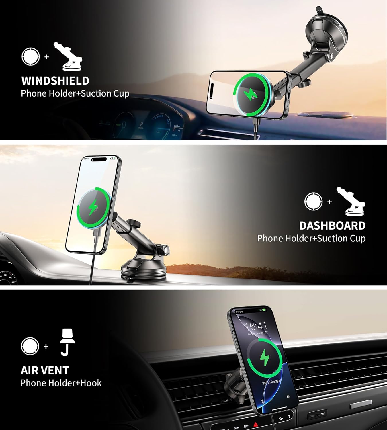 for Mag-Safe Car Mount Charger Dash Vent Windshield Wireless Car Charger with LED Light, Strong Magnetic Phone Holder for Car for iPhone 16 15 14 13 12 Series(Cyan)