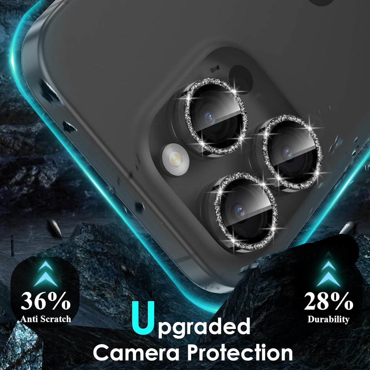 YWXTW Designed for iPhone 15 Pro/iPhone 15 Pro Max Camera Lens Protector Bling, [New Glitter Design] Individual Metal Tempered Glass Camera Cover Accessories Case Friendly (Black Titanium Glitter)
