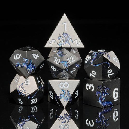 Metal Dice Set D&D,Glitter Blue Dragon Heavy Metallic DND Dice,Polyhedral Dice 7 Piece for Dungeons and Dragon Tabletop Game(Black Glitter Blue Dragon)