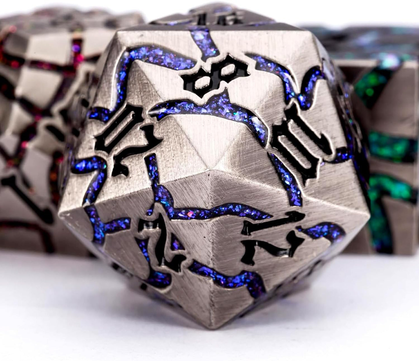 Metal Dice Set D&D,Crack Metallic DND Dice Set with Box, Metal Glitter RPG Dice for Dungeons and Dragons Table Game(Antique Nickel 7 Colors)