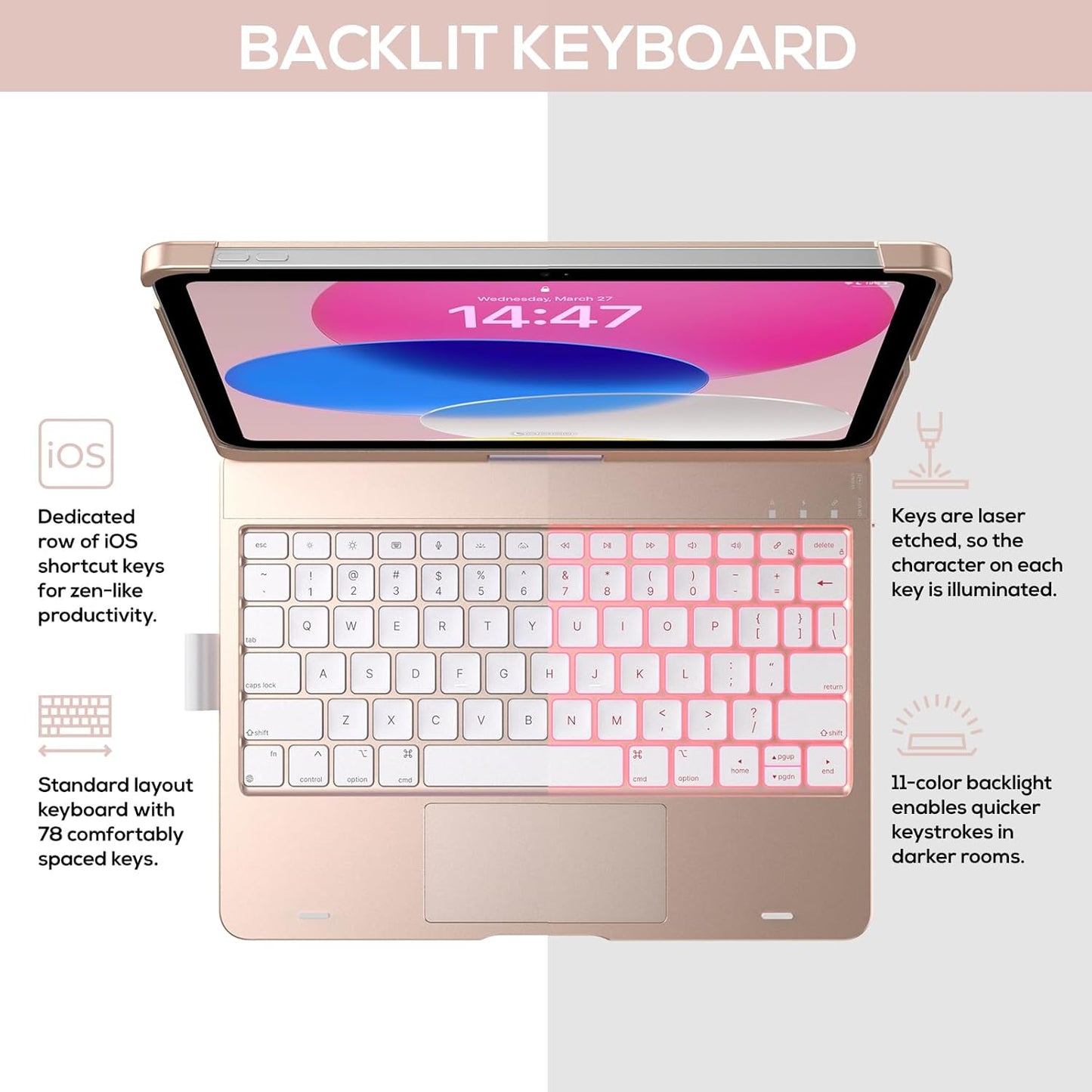 typecase Touch iPad 10th Generation Case with Keyboard (10.9", 2022) and iPad A16 (11th Gen, 2025) – 360° Rotatable, 11-Color Backlit, Multi-Touch Trackpad, Thin & Light (Rose Gold)